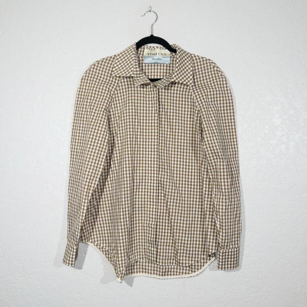 New Tish Cox Tan and‎ White Plaid Button Down Shirt Size Large